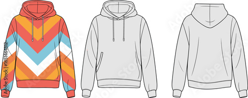 Fashion sketch of cropped hoodie with chevron pattern, flat vector illustration for clothing design, apparel template, and technical drawing