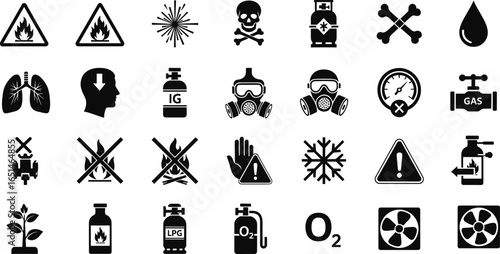 Industrial hazard and warning icons set, flat vector illustration for safety signs, dangerous materials, and health risk symbols collection
