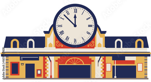 Stylized flat vector illustration of a vibrant train station exterior