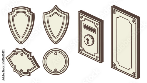 Vector Illustration Set of 8 Vintage Blank Metal Nameplates and Labels in Brown and Beige with Various Shapes and Ornate Designs for Signage and Branding