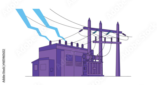 Stylized vector illustration of an electrical substation building isolated on white
