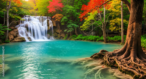 Serene Waterfall Oasis in Lush Autumn Forest