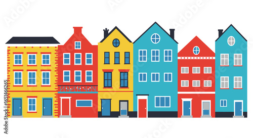 Colorful Townhouse Row: Flat Vector Illustration of Identical City Dwellings
