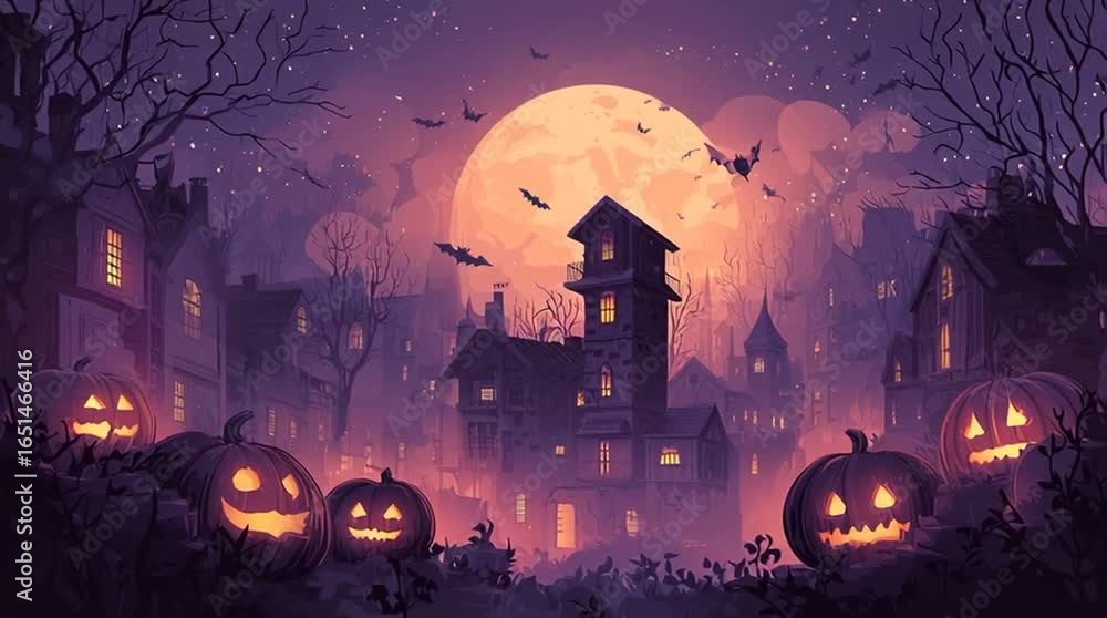 Village d’Halloween féerique avec citrouilles lumineuses et pleine lune