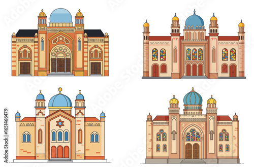 Diversity of architectural designs represented by various synagogue structures