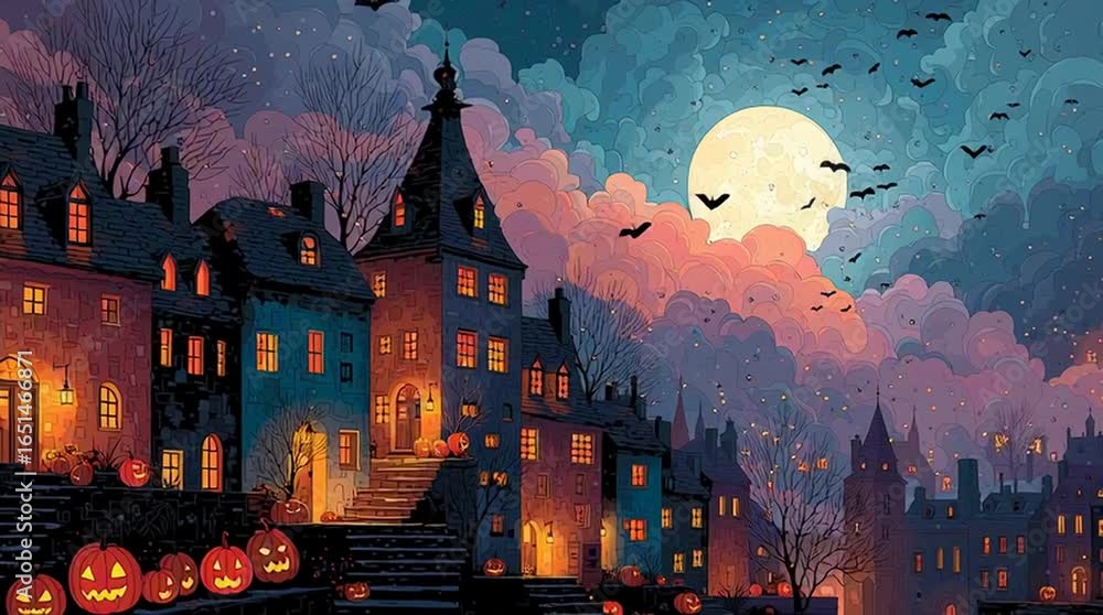 Village d’Halloween féerique avec citrouilles lumineuses et pleine lune