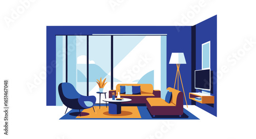 Stylized flat vector illustration of a vibrant villa living space with sunlight