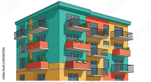 Stylized illustration: A colorful apartment building with balcony gardens