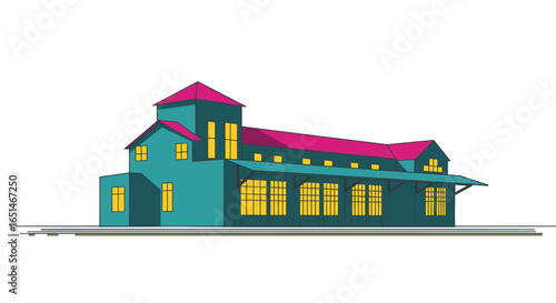 Stylized vibrant train depot illustration showcasing architectural design, with clear colors