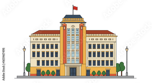 Flat vector illustration of a colorful embassy building against white background