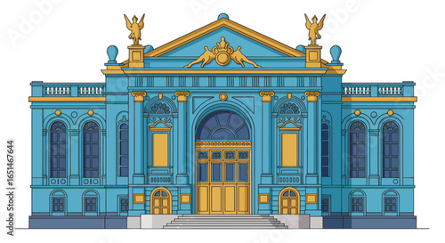 Stylized flat vector illustration of vibrant turquoise opera house facade