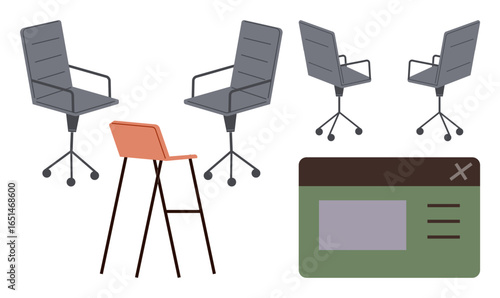 Ergonomic office chairs, modern orange stool with slender legs, and abstract online interface concept. Ideal for workplace design, UI, furniture catalog, coworking, technology insight, modern setup