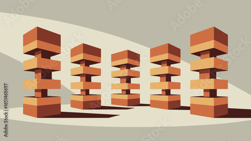 A minimalist illustration of five stacked block structures in a row on a light background