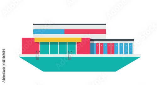 Stylized vibrant outdoor swimming pool complex against a white backdrop
