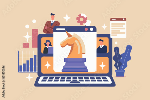 Strategic online meeting showcasing a chess knight symbolizing business victory with laptop .