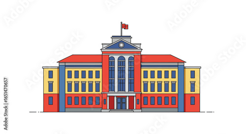 Stylized flat vector illustration of grand edifice with flag on top
