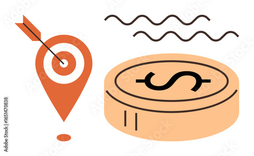 Target with arrow, dollar coin, and curved lines symbolize achievement, financial growth, strategy, precision, planning, aspirations decision-making. Ideal for finance business investment