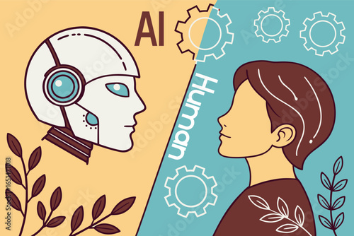 An illustration contrasting AI and humanity, highlighting technological progress and humanistic values in a modern, dualtoned style.