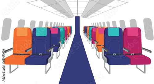 Vibrant airplane cabin interior with colorful passenger seats in vector style