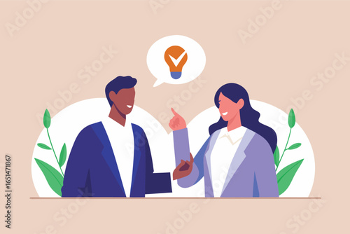 Two professionals in business attire exchange innovative ideas, visualized by a lightbulb, embodying collaboration in a modern, pastel color scheme.