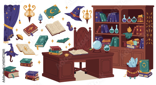 Enchanting wizard's study with floating books and vintage magical elements
