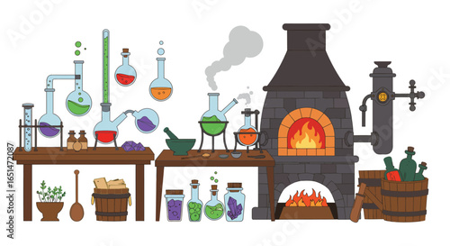 Vibrant alchemist's laboratory illustration with ancient tools and vibrant concoctions