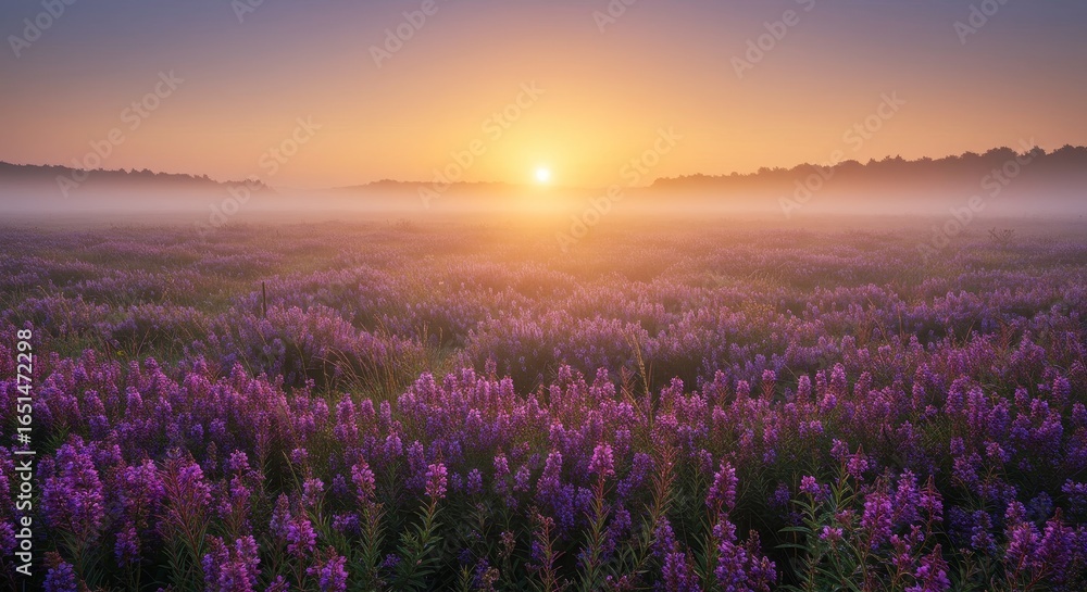Obraz premium Mystical dawn over a field of violet flowers shrouded in ethereal mist