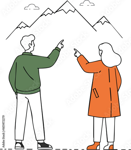 Two people pointing at mountain peaks wearing green and orange coats in simple line art style vector illustration