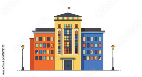 Stylized vector illustration of a colorful city embassy building with streetlights