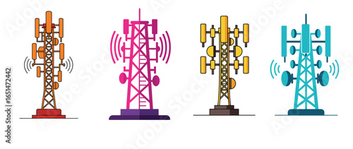 Diverse Communication Towers: Vibrant and Modern Wireless Technology Vectors