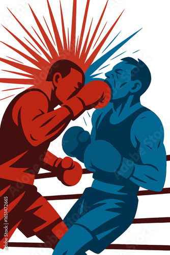 Dynamic boxing scene with red and blue fighters in retro style