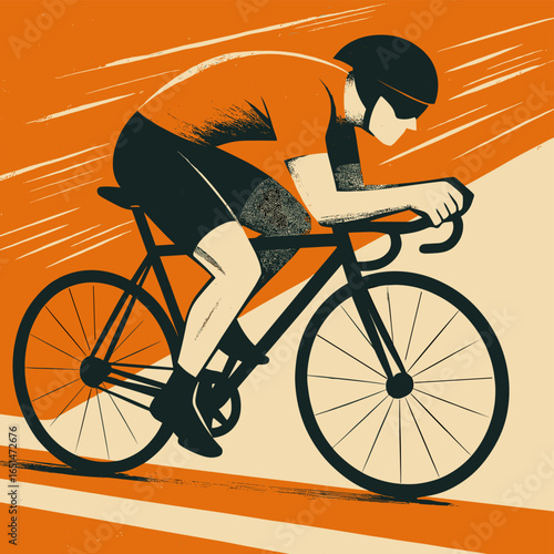 Dynamic retro cyclist in motion on orange abstract background