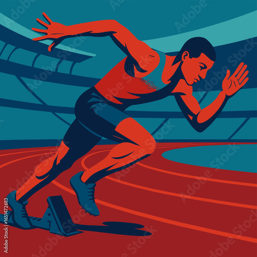 Dynamic sprint start on track at stadium in bold retro style