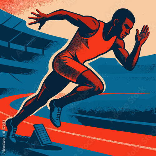 Dynamic retro athlete sprinting on track in vintage sports arena setting