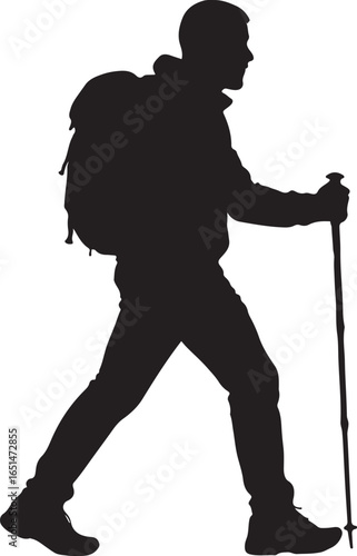 Black silhouette of a man hiking with a backpack and trekking pole vector
