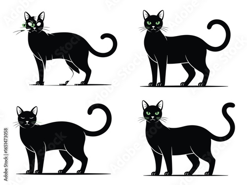 PrintBlack cats with green eyes, vector illustration, Halloween theme, feline poses, pet lovers design, spooky art, digital drawing, clipart