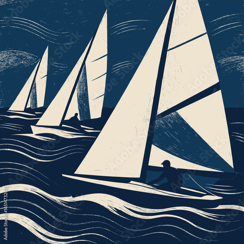 Vintage style sailboat race on choppy seas with bold geometric sails