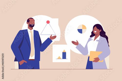 Two business professionals analyze data presented in modern flat vector style visualizations, sharing insights and developing strategy.