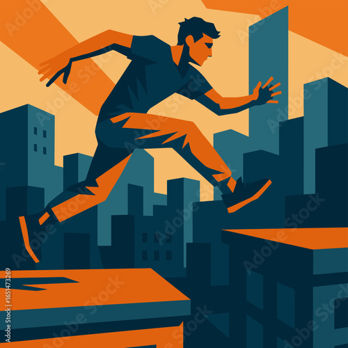 Dynamic urban parkour scene with bold geometric style and vibrant contrast