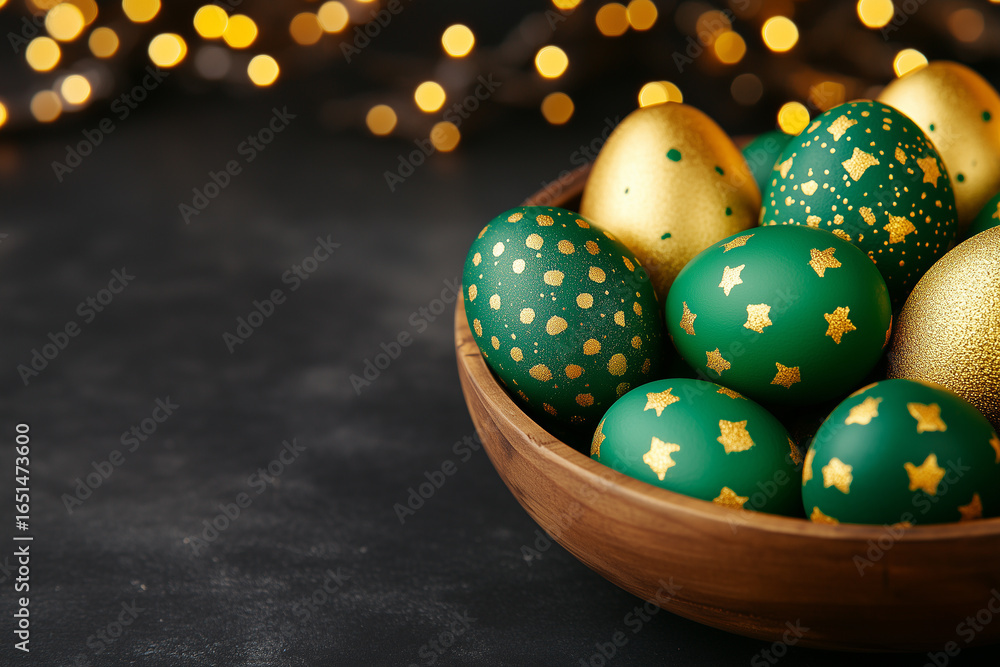 Obraz premium An artistic composition of Easter eggs in a wooden bowl, against a softly lit backdrop. The eggs exhibit a blend of green and gold hues, each adorned with intricate patterns. The focus is on the eggs.