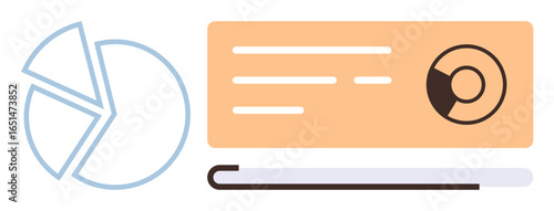 Pie chart alongside a dashboard panel with minimal text and circular chart. Ideal for data analysis, reporting, business strategy, progress tracking, presentation, statistics, simple flat metaphor