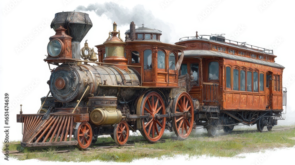 Naklejka premium Classic steam locomotive with wooden passenger car on a sunny grassy landscape during the 19th century