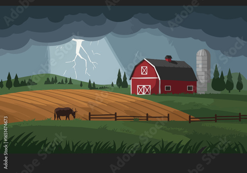 dramatic farm scene during a thunderstorm A red barn stands amidst a flooded field with lightning illuminating the dark sky Cows graze peacefully showcasing rural life and weather conditions