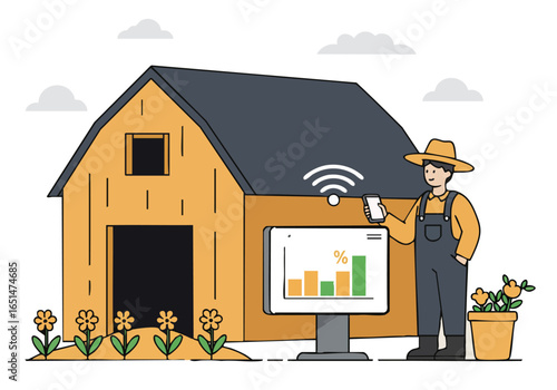 Farmer monitors barn humidity with a smartphone displaying a graph. A rural, modern scene showcasing agricultural technology and data analysis. Bright, clean illustration.