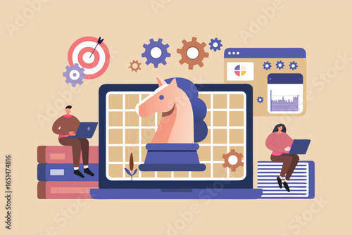 Strategic digital marketing illustrated with people working around a horse chess piece focus