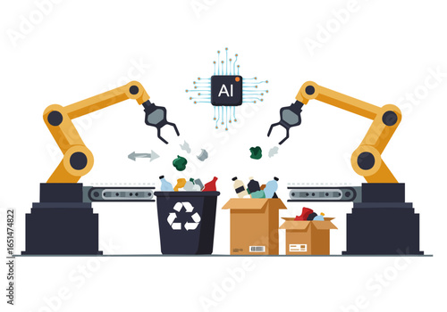Robotic arms sort recyclable materials on a conveyor belt, enhanced by AI. A modern, industrial scene showcasing efficient waste management.