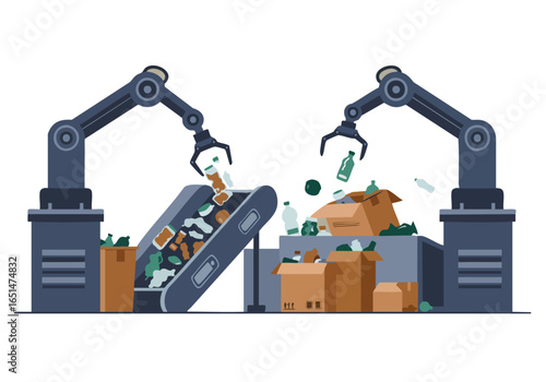 Robotic arms sort recyclable materials on a conveyor belt. Modern industrial design with AI technology. Clean, graphic illustration.