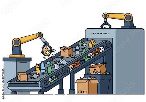 Robotic arms sort waste on a conveyor belt in a modern recycling facility. Clean lines and a bright color palette create a visually appealing industrial scene.
