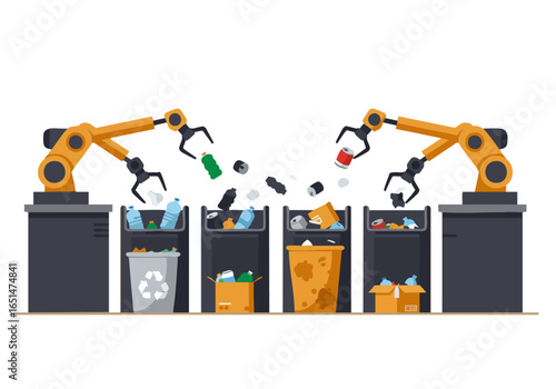 Robotic arms sort recyclable waste with AI assistance. Modern industrial design, clean layout, and a focus on sustainability. Bright, digital illustration.
