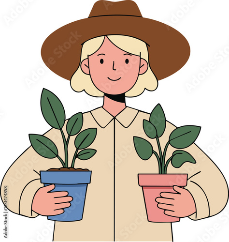 Woman holding potted plants wearing wide brim hat gardening lifestyle illustration vector 
